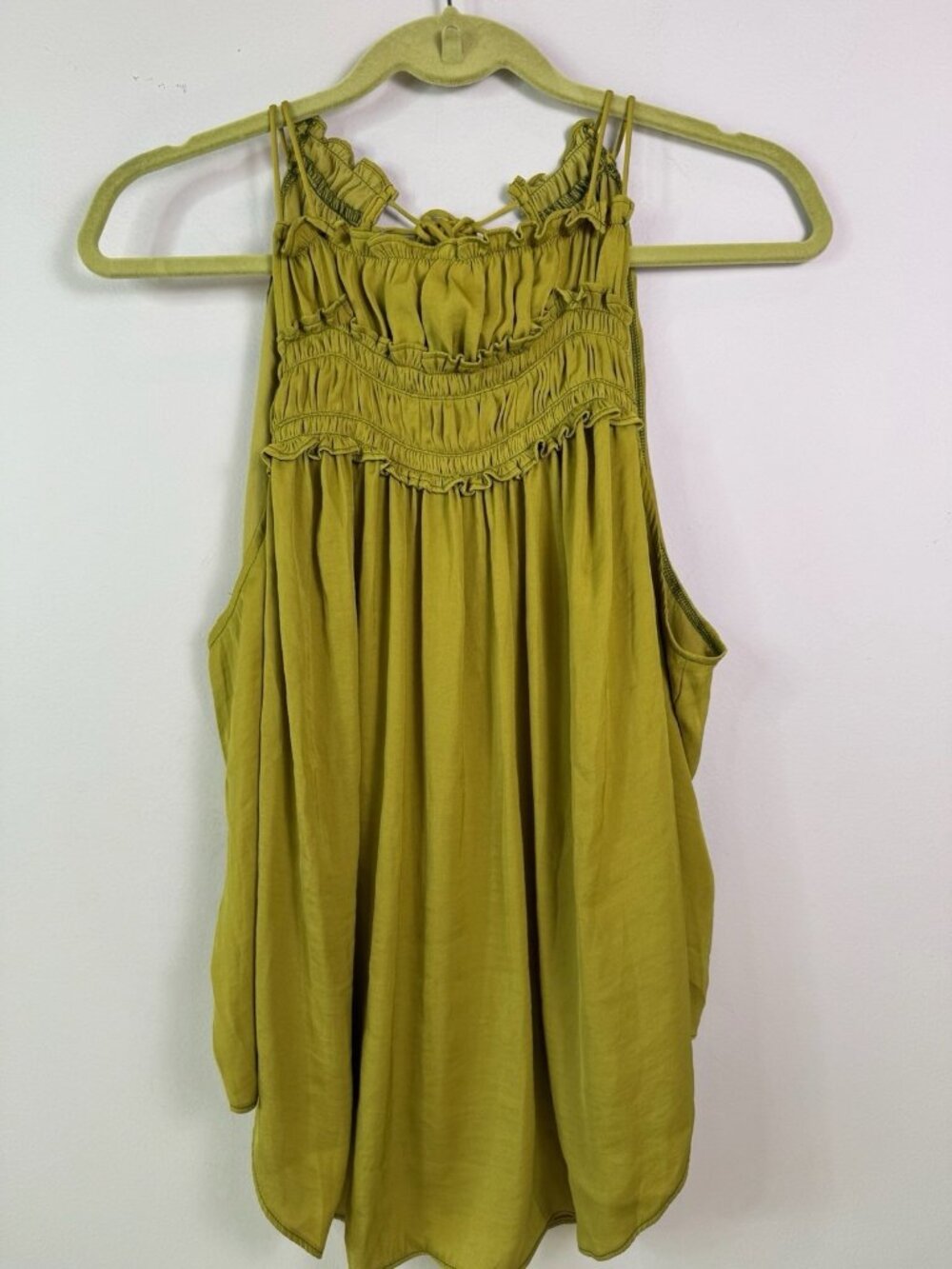 Free People My Oh My Grasses Chartreuse Green Smocked Ruffle Reversible Halter M